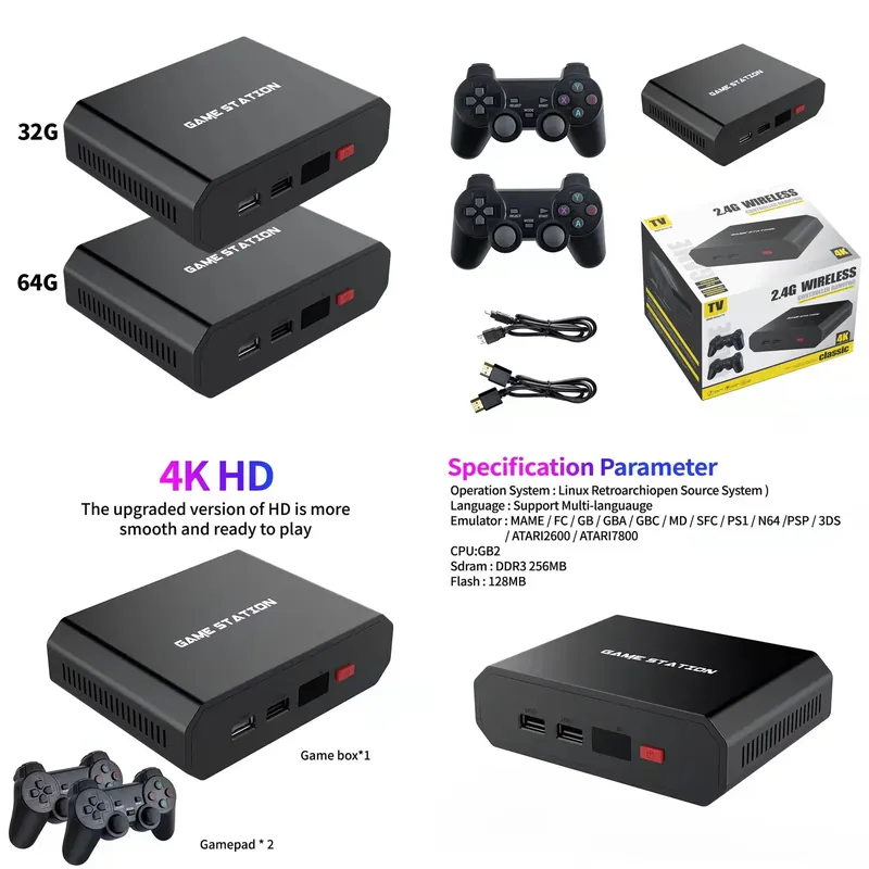 Gaming Accessories Controller - M8plus HDビデオゲームコンソールボックス 2.4GデュアルワイヤレスコントローラーゲームパッドTV 32G/64G 10000シミュレーターゲームプレーヤーセットアクセサリー
